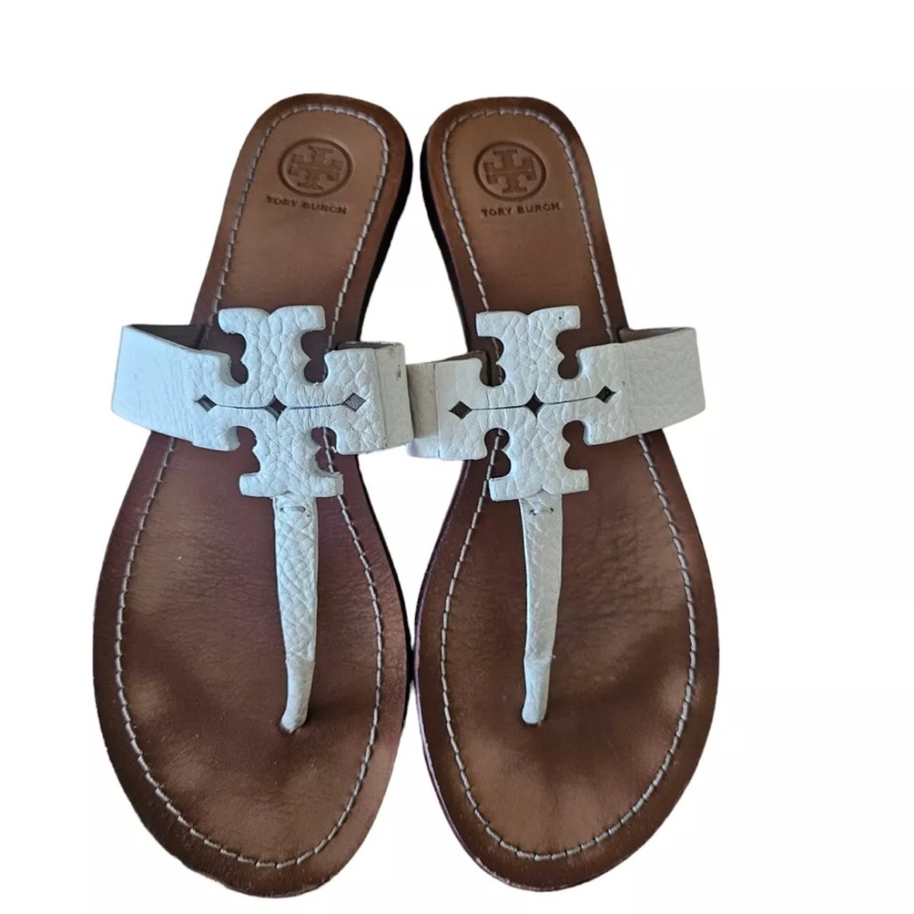 Tory Burch Tumbled Moore Logo Leather Thong City Flat Sandals